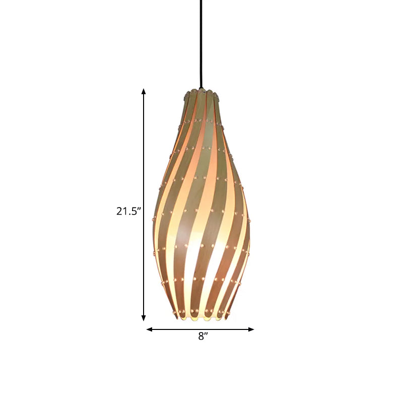 Wooden Pendant Lamp with Beige Shade - 1 Bulb, 8"/12" Wide - Ceiling Hanging Light for Restaurants