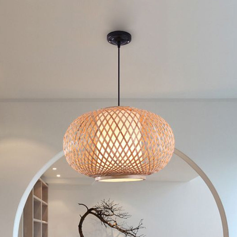 Bamboo Lantern Pendant Light - Tradition Style, 1 Bulb, 16"/19.5" Wide Wood Hanging Lamp Kit