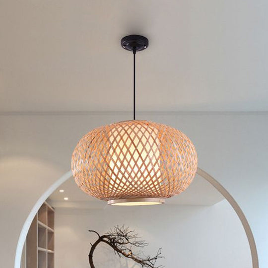 Bamboo Lantern Pendant Light - Tradition Style, 1 Bulb, 16"/19.5" Wide Wood Hanging Lamp Kit