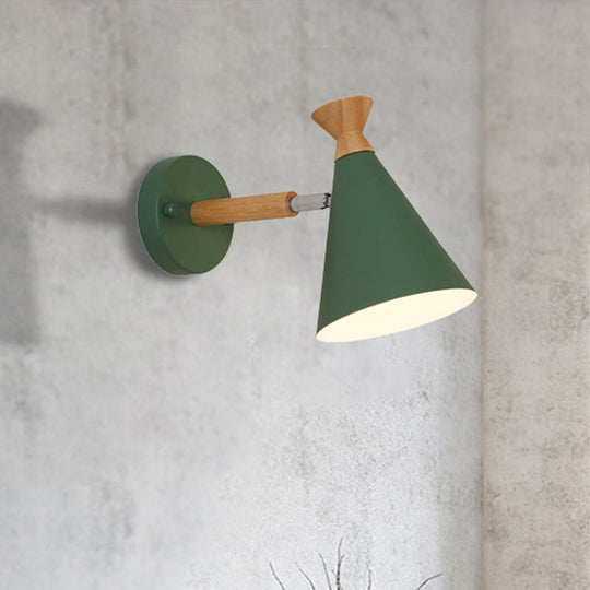 Nordic Style Metal Cone Shade Wall Light: 1-Light Rotatable Bedside Reading Lamp In Blue Green Grey