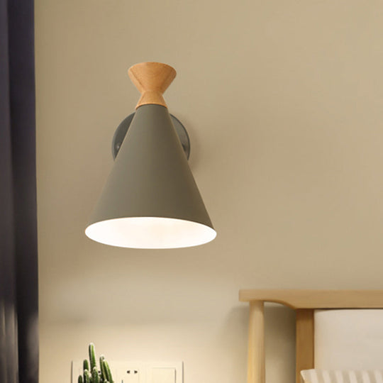 Nordic Style Metal Cone Shade Wall Light: 1-Light Rotatable Bedside Reading Lamp In Blue Green Grey