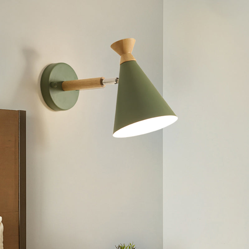 Nordic Style Metal Cone Shade Wall Light: 1-Light Rotatable Bedside Reading Lamp In Blue Green Grey