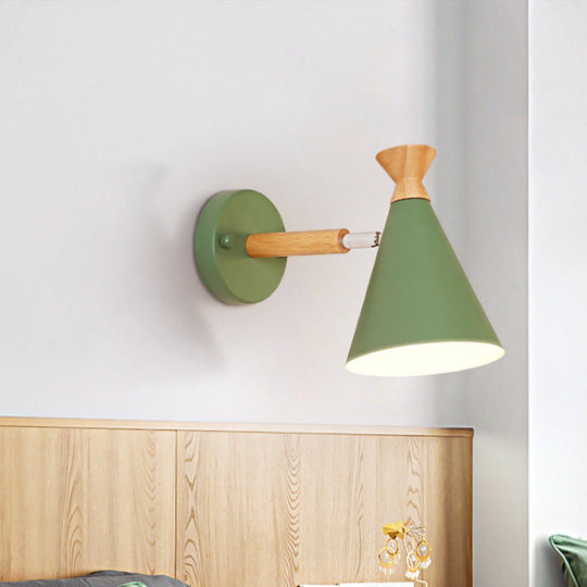 Nordic Style Metal Cone Shade Wall Light: 1-Light Rotatable Bedside Reading Lamp In Blue Green Grey