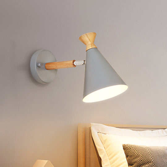 Nordic Style Metal Cone Shade Wall Light: 1-Light Rotatable Bedside Reading Lamp In Blue Green Grey