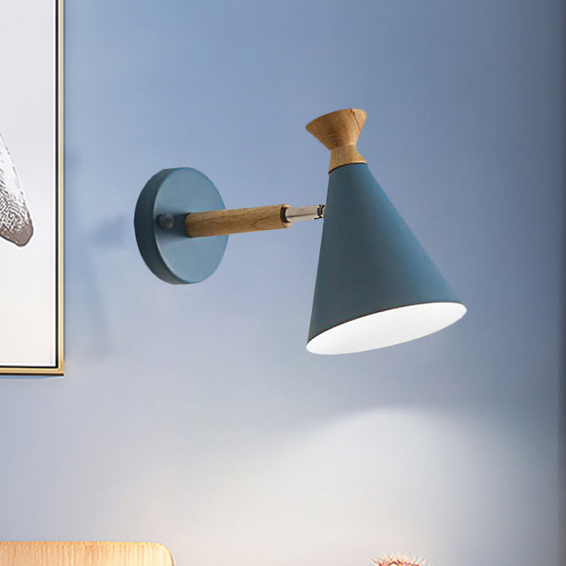 Nordic Style Metal Cone Shade Wall Light: 1-Light Rotatable Bedside Reading Lamp In Blue Green Grey