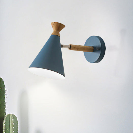 Nordic Style Metal Cone Shade Wall Light: 1-Light Rotatable Bedside Reading Lamp In Blue Green Grey