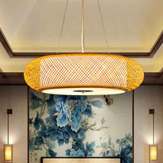 Retro Bamboo Donut Ceiling Lamp 3 Bulbs Wood Hanging Light Fixture - 12/16/19.5 Wide