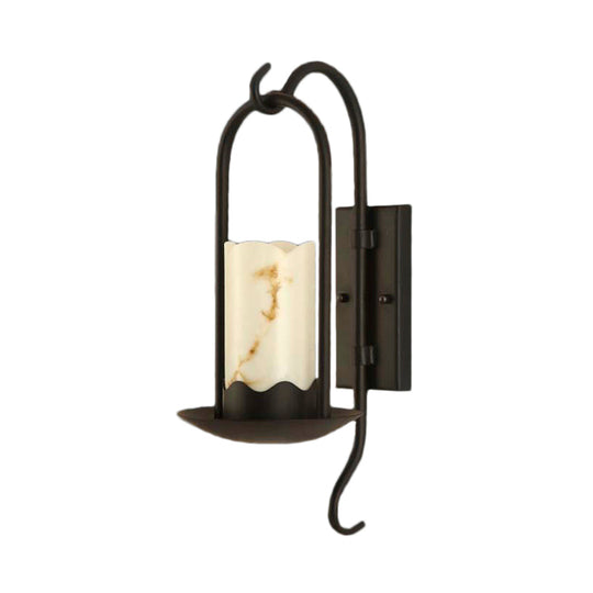 Industrial Black Marble Cylinder Wall Light: Single Bulb Living Room Sconce Lamp