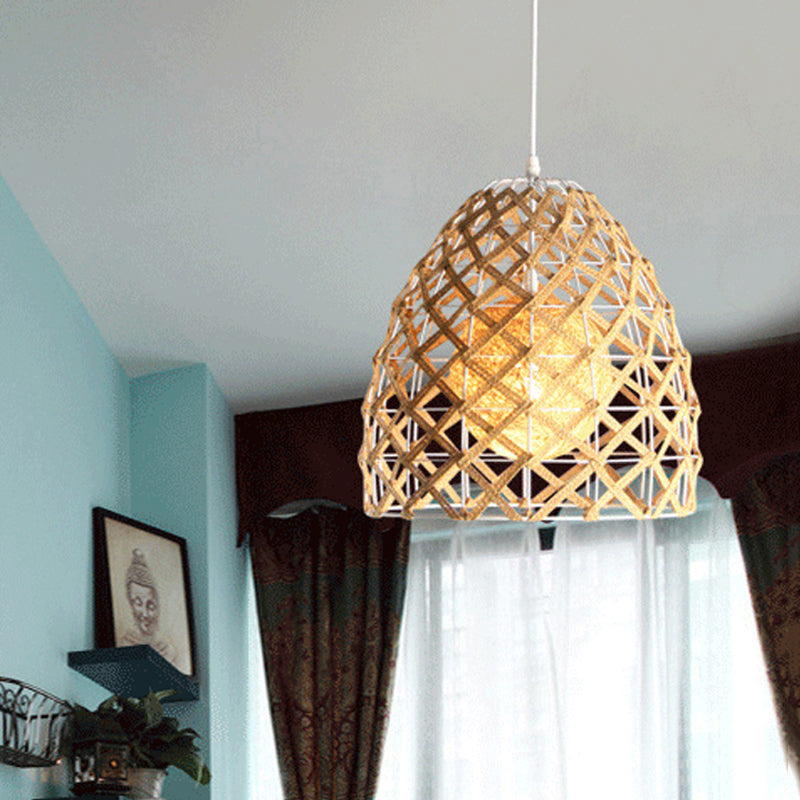 Asian Wood Tearoom Ceiling Light With Bamboo Shade - 1 Bulb Pendant Fixture