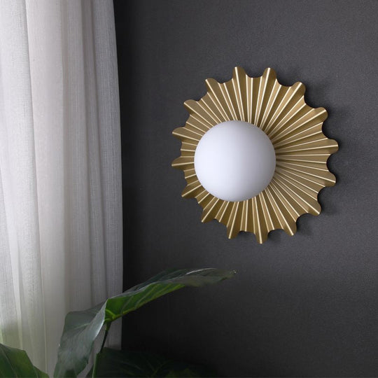 Modern White Glass Sphere Wall Light With Brass Scalloped Backplate - 1 Head