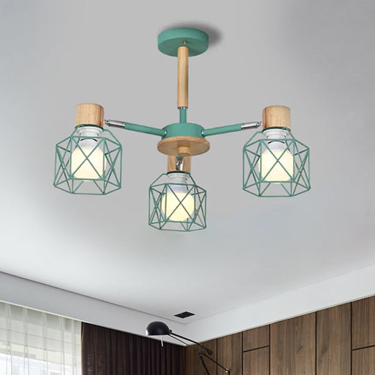 Nordic Iron Cage Semi-Flush Lamp with 3/6/8-Head Black/Green/Gold Pendant Lighting for Ceiling