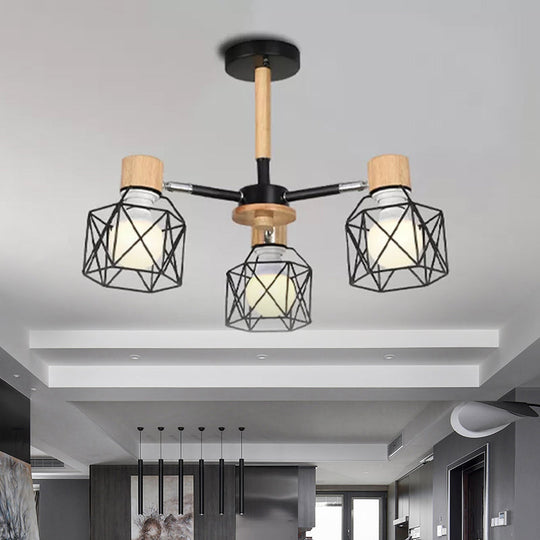 Nordic Iron Cage Semi-Flush Lamp with 3/6/8-Head Black/Green/Gold Pendant Lighting for Ceiling