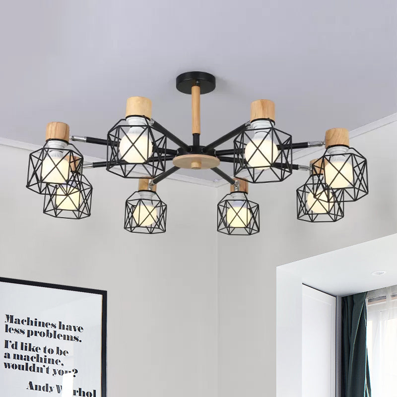 Nordic Iron Cage Semi-Flush Lamp with 3/6/8-Head Black/Green/Gold Pendant Lighting for Ceiling