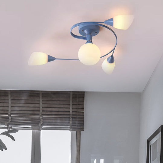 Curly Semi Flush Mount Ceiling Lamp with Nordic Iron & White Glass Shade - 4/6 Head Options in Grey, Pink, or Yellow