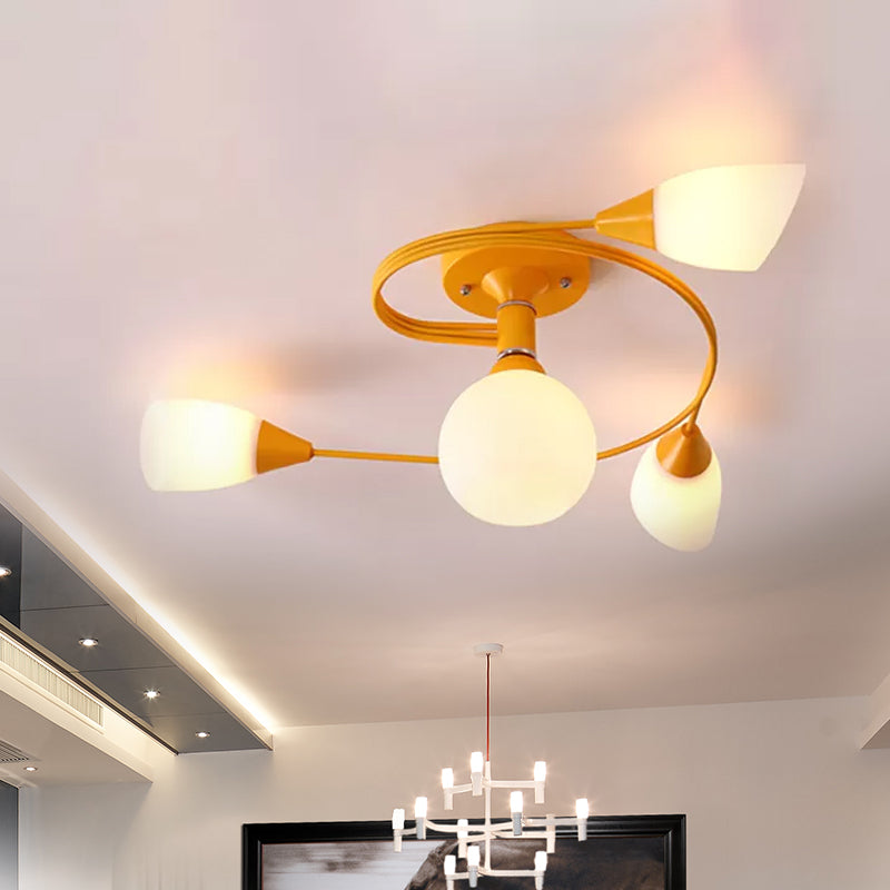 Curly Nordic Iron Semi Flush Mount Ceiling Light With Glass Shades In Grey/Pink/Yellow - 4/6-Head