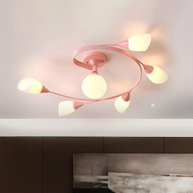 Curly Nordic Iron Semi Flush Mount Ceiling Light With Glass Shades In Grey/Pink/Yellow - 4/6-Head