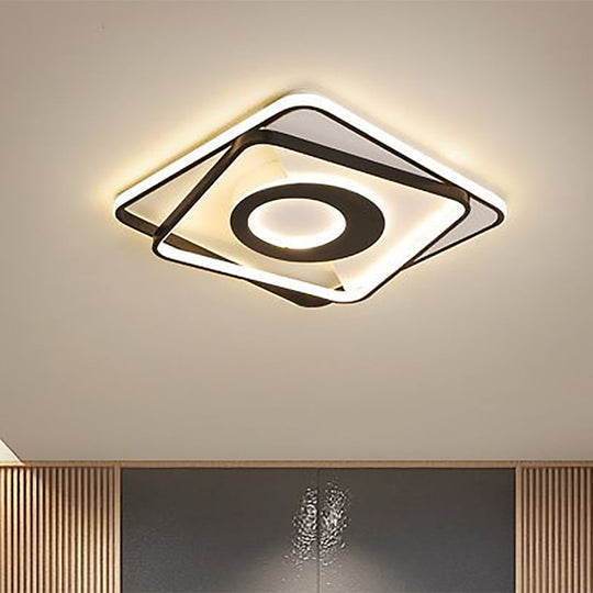 Modern Black and White Square Flush Ceiling Light Acrylic LED Fixture - 16"/19.5"/23.5" Width - Ideal for Warm/White Bedroom Lighting