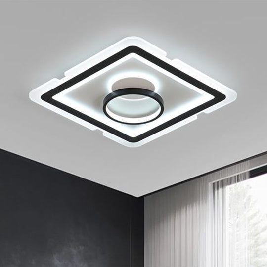 Contemporary Acrylic Square Ceiling Lighting - LED Flush Mount Light for Bedroom - Black/White - 16"/19.5