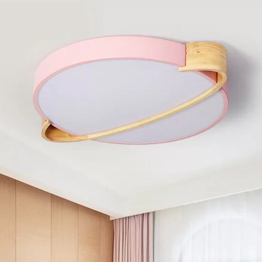 Nordic Round LED Ceiling Light Fixture, Metal Flush Mount in Pink/Yellow/Green for Bedroom, Warm/White Light