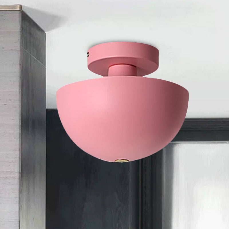 Contemporary Metal Dining Room Semi Flush Mount Ceiling Light - Pink/Yellow/Navy Bowl Design - Single Bulb Illumination