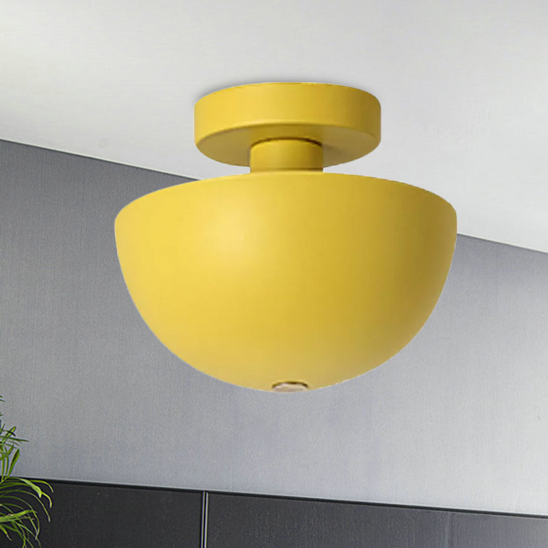 Contemporary Metal Dining Room Semi Flush Mount Ceiling Light - Pink/Yellow/Navy Bowl Design - Single Bulb Illumination