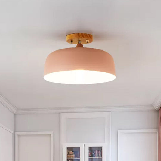 Semi-Flushmount Ceiling Light: 1-Light Gray W/ White Pink & Green Drum Lampshade - Simple Stylish