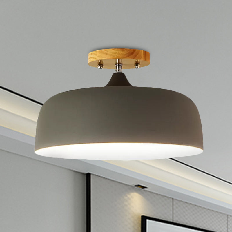 Semi-Flushmount Ceiling Light: 1-Light Gray W/ White Pink & Green Drum Lampshade - Simple Stylish