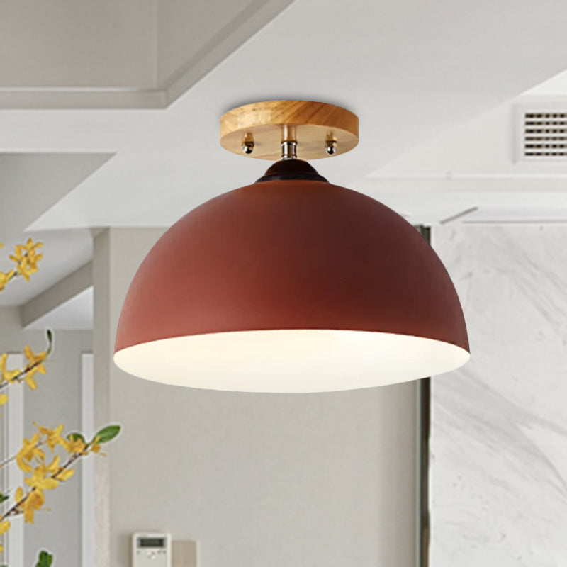 Metallic 1 Head Semi Flush Ceiling Light In Red/Pink/White/Gray For Bedroom - 12 Wide