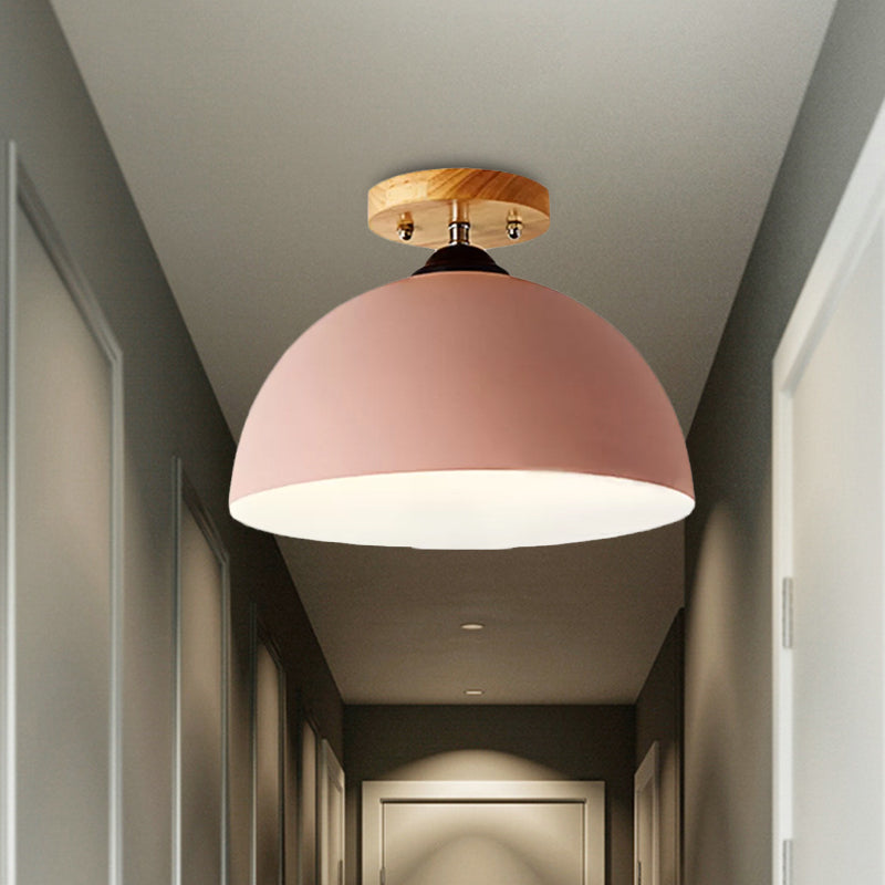 Metallic 1 Head Semi Flush Ceiling Light In Red/Pink/White/Gray For Bedroom - 12 Wide