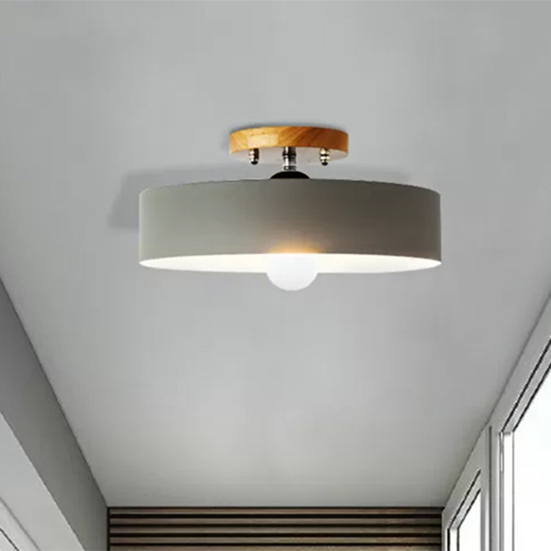 Modern Semi-Mount Drum Light: 1-Light 12" W Metal Fixture in Gray/White/Red/Pink for Living Room Ceiling