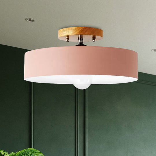 Modern Semi-Mount Drum Light: 1-Light 12" W Metal Fixture in Gray/White/Red/Pink for Living Room Ceiling