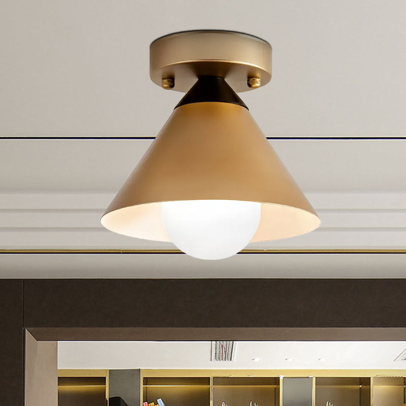 1 Head Golden Flush Mount Ceiling Light with Metal Cone Shade - Minimalist Kitchen Lamp