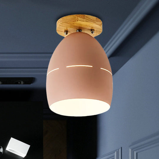 Modern Metal Semi-Flush Ceiling Light - 1 Light Oval Semi Flush Mount Lighting in Pink/Yellow/Green for Bedroom