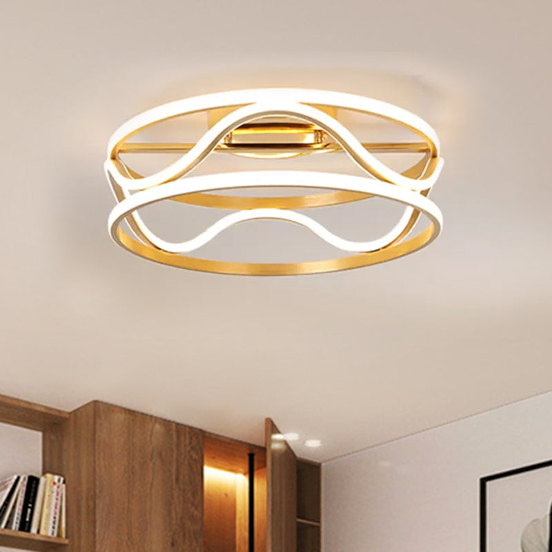 Modern Metal Gold Drum Flush Mount Ceiling Light – LED Ceiling Fixture for Bedroom, Warm/White, 18"/23.5" Width