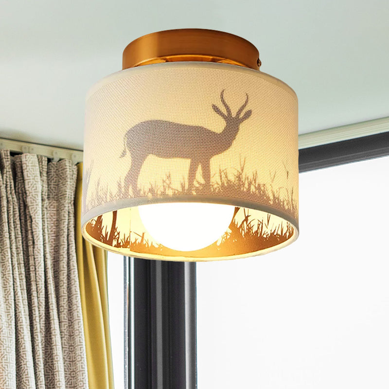 Nordic 1-Bulb Fabric Cylinder Flush Mount Light with Flower/Deer Pattern for Foyer