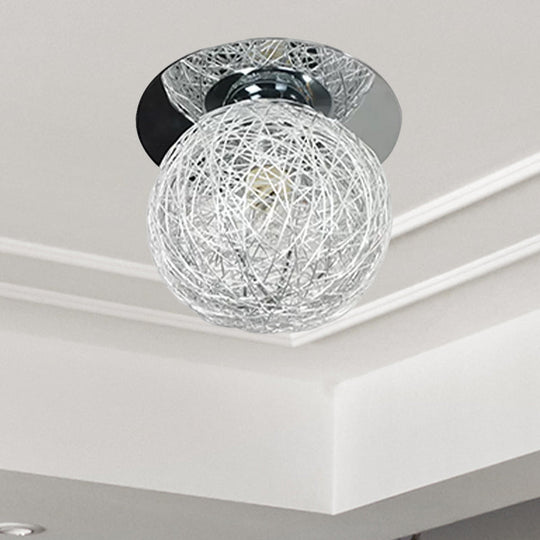 Minimalist Metal and Handwoven Globe Flush Mount Ceiling Lamp with White Shade