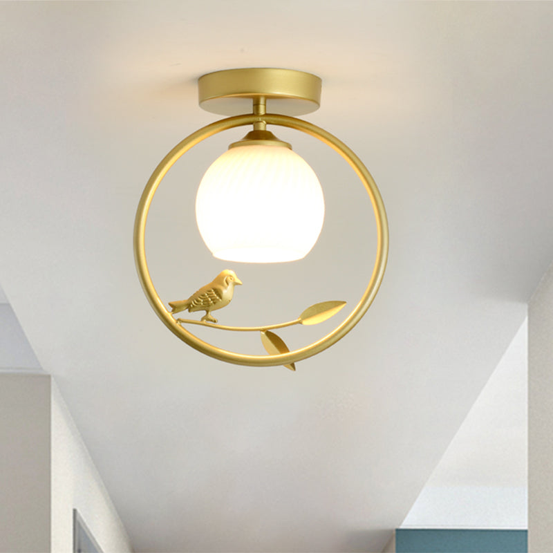 Modern Gold Metal Ring Flush Mount with Glass Dome Lampshade and 1 Bulb