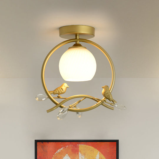 Modern Gold Metal Ring Flush Mount with Glass Dome Lampshade and 1 Bulb