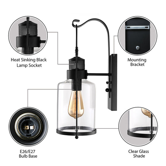 Cylinder Clear Glass Wall Mount Sconce Light - Industrial Single Bulb Lamp For Living Room