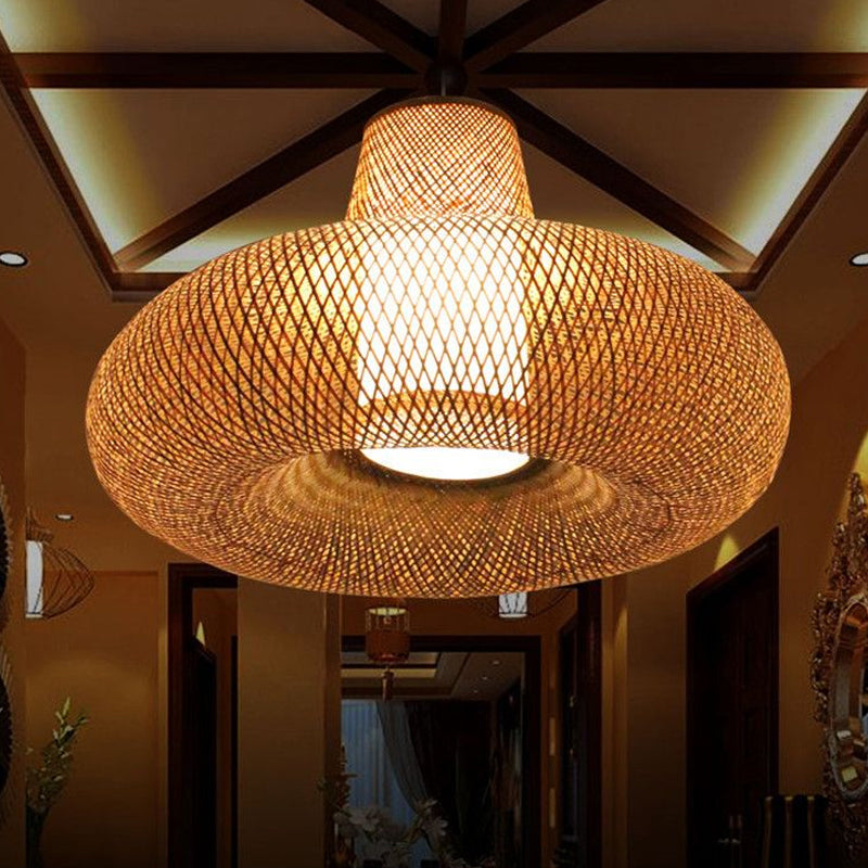 Bamboo Weave Pendant Light Kit - Contemporary 1 Bulb Suspension Hanging 16/19.5 Wide