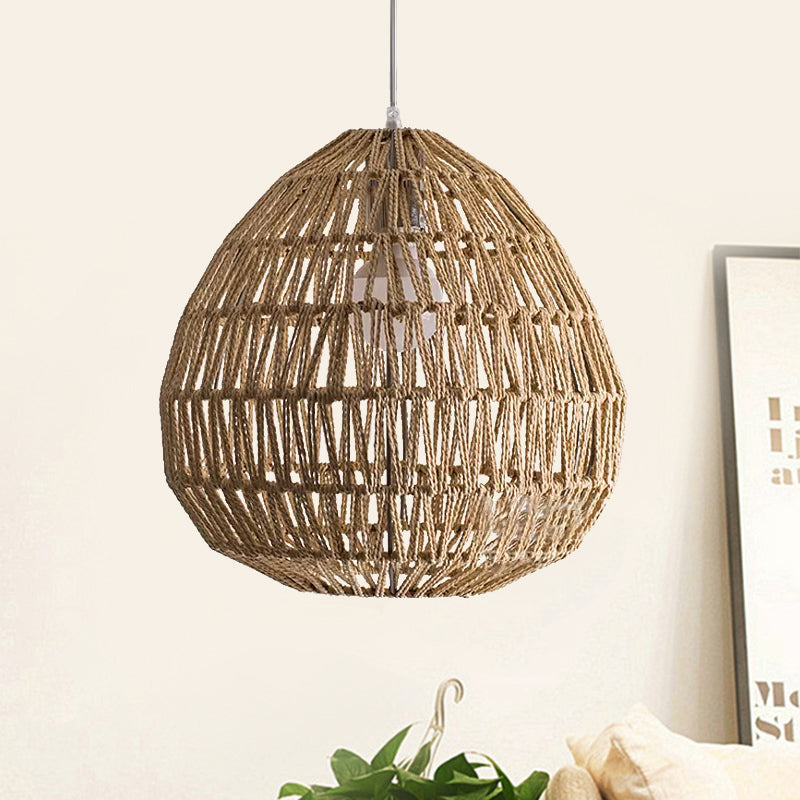 Rattan Wood Pendant Light Kit - Oval/Lantern Style Bulb Hanging Lamp For Restaurants