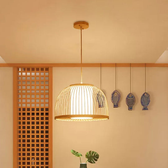 Modern Bamboo Dome Pendant Lamp With Inner Fabric Shade - Wood Ceiling Light 1 Bulb 14/16 Wide