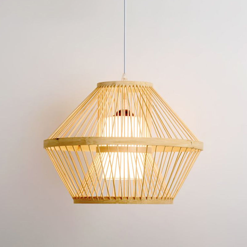 Traditional Bamboo Pendant Lighting: Tapered Bulb Jar-Shaped Hanging Light Fixture In Wood