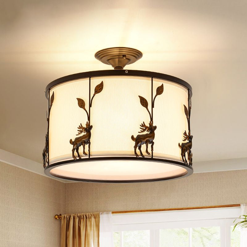 Country Black Deer Drum Ceiling Light with 3-Lights for Living Room