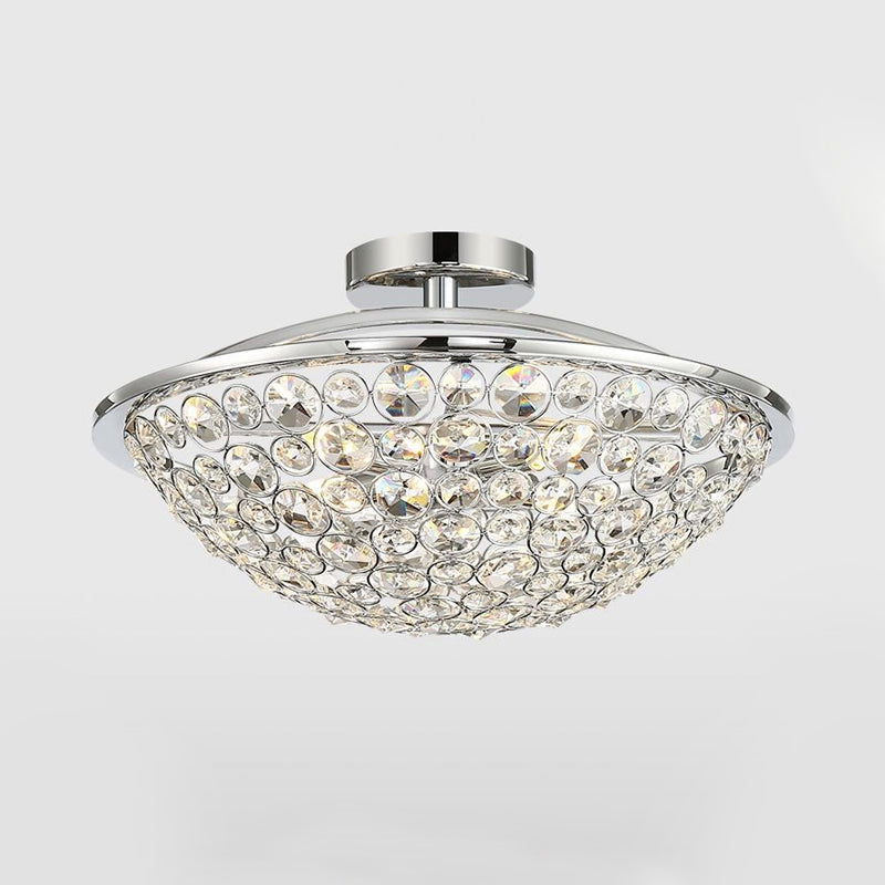 Luminaire semi-encastré de luxe moderne en forme de bol de perles de cristal en chrome poli - 4 lumières