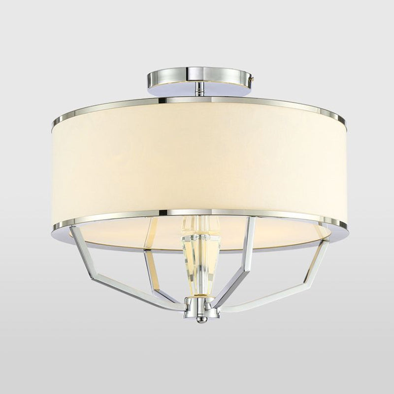 Modern Drum Semi Flush Ceiling Light with White Fabric Shade, Chrome Finish, 5 Lights