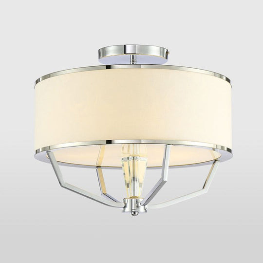 Modern Drum Semi Flush Ceiling Light with White Fabric Shade, Chrome Finish, 5 Lights