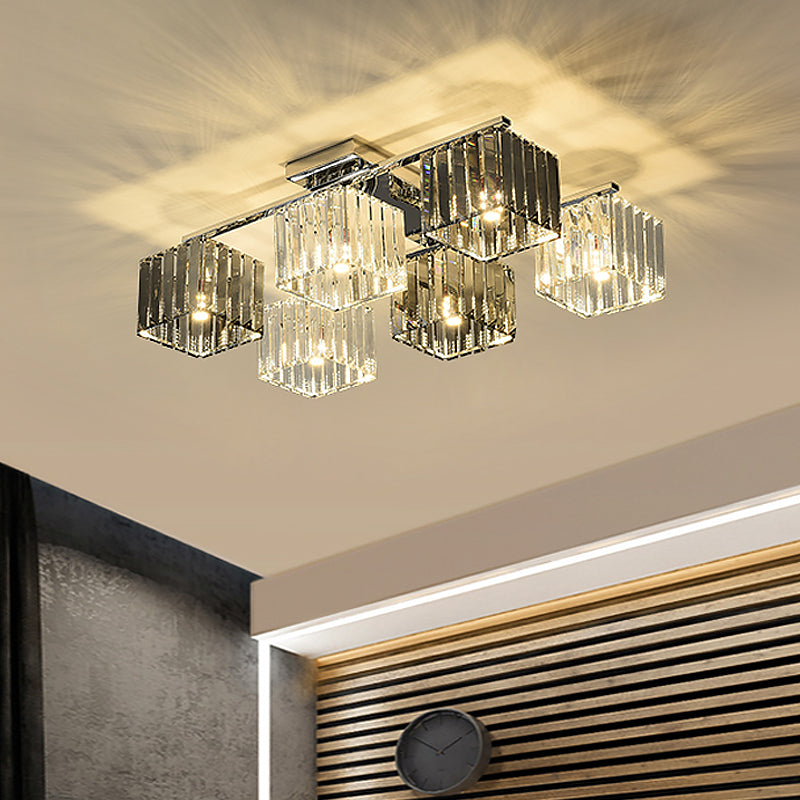 Modern Crystal Cube Flush Ceiling Lamp | Polished Chrome | 4/6/9 Lights