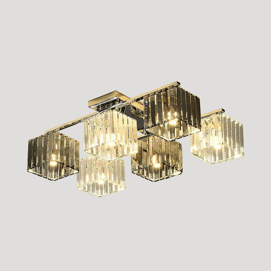 Modern Crystal Cube Flush Ceiling Lamp | Polished Chrome | 4/6/9 Lights