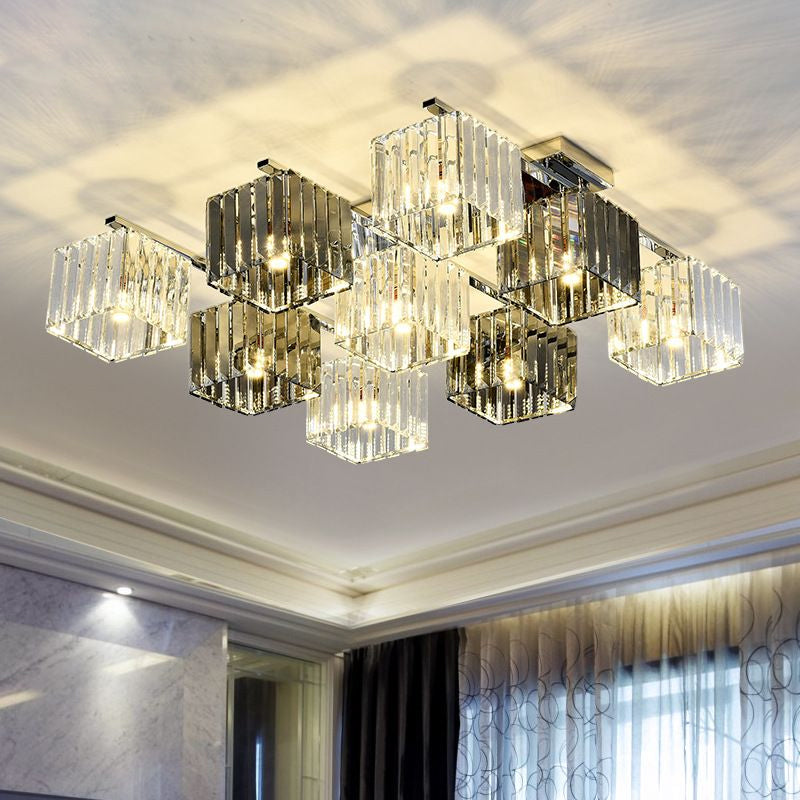 Modern Crystal Cube Flush Ceiling Lamp | Polished Chrome | 4/6/9 Lights